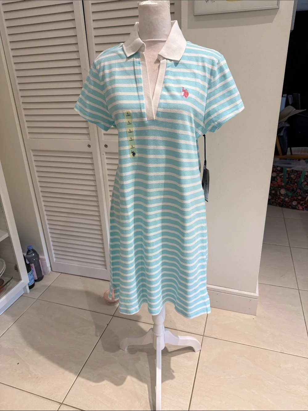 U.S. Polo by Ralph Lauren Aqua Blue and White Striped Polo Dress, size L
